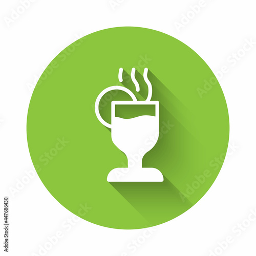 White Mulled wine with glass of drink and ingredients icon isolated with long shadow. Cinnamon stick, clove, lemon slice. Green circle button. Vector