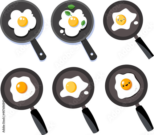 Cartoon vector flat style fried eggs breakfast on a pan with shadows, greenery.