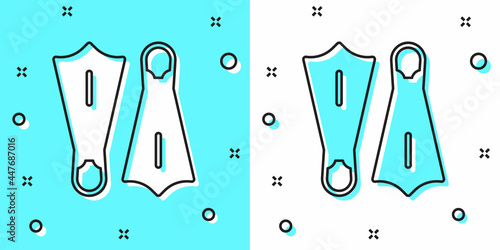 Black line Rubber flippers for swimming icon isolated on green and white background. Diving equipment. Extreme sport. Sport equipment. Random dynamic shapes. Vector
