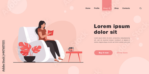 Woman reading book at home. Student girl sitting in armchair with cup of tea and textbook flat vector illustration. Leisure time, literature concept for banner, website design or landing web page