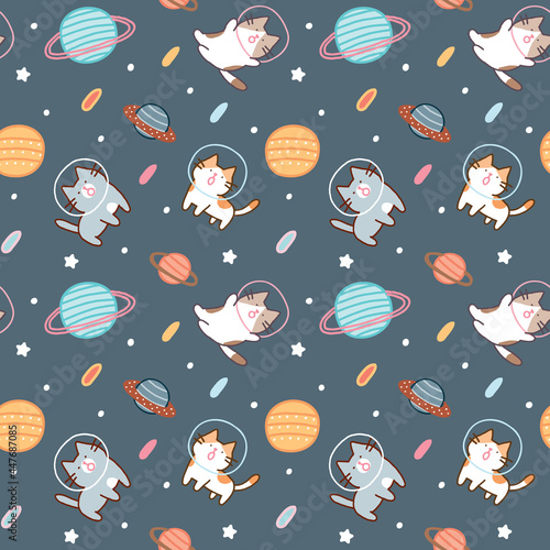 Seamless Pattern with Cartoon Space Cat Design on Dark Blue Background