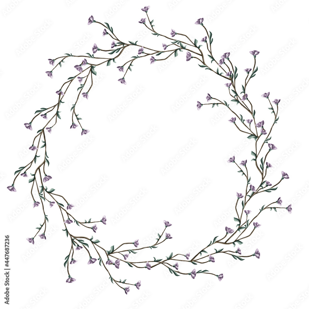 Circle wreath of natural branches with tiny purple flowers and leaves. Hand-drawn botanical round frame for anniversary postcards, wedding invitations, scrapbooking, packaging, etc. Circle wreath of natural branches with tiny purple flowers and leaves. Hand-drawn botanical round frame for anniversary postcards, wedding invitations, scrapbooking, packaging, etc.