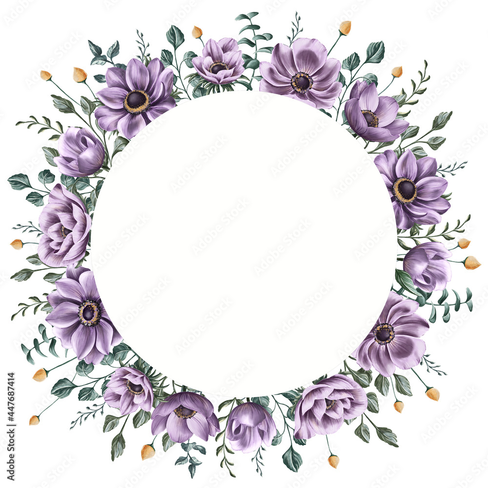 Round frame of gentle violet anemones flowers, cute tine yellow blossom, and greenery leaves and branches. Hand-drawn floral circle frame for anniversary postcards, wedding invitations, scrapbooking