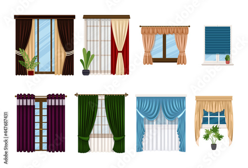 Window and curtains, blind drapes and shutters, vector flat interior of home room. Curtains and lambrequins vector symbol stock web illustration.