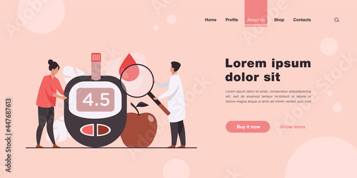 Doctors testing blood for sugar and glucose, using magnifying glass and glucometer for hypoglycemia or diabetes diagnosis. Vector illustration for awareness day, medicine, health care concept