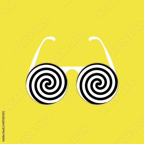 Psychedelic glasses. Crazy hypnosis eyeglasses. Funny vector illustration of hippie spectacles. Design for placard, poster, print, t-shirt, brochure, card, greeting card, postcard