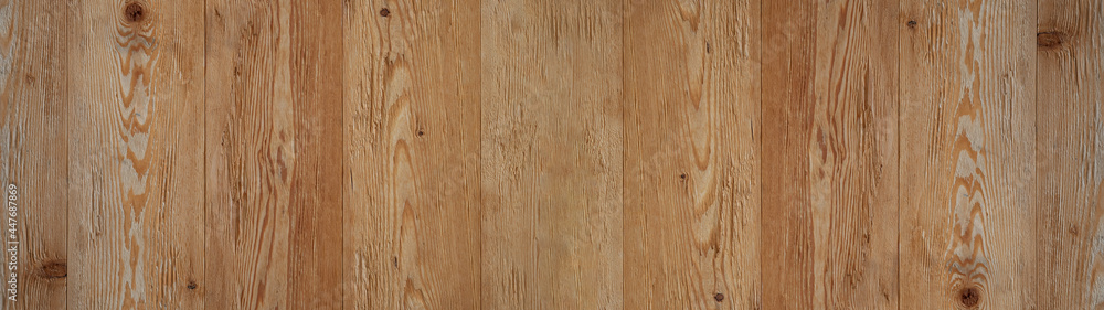 Obraz premium Alpine lifestyle, chalet style, log wall cladding made of reclaimed larch wood, chopped, brushed, natural - old brown wood background panorama banner
