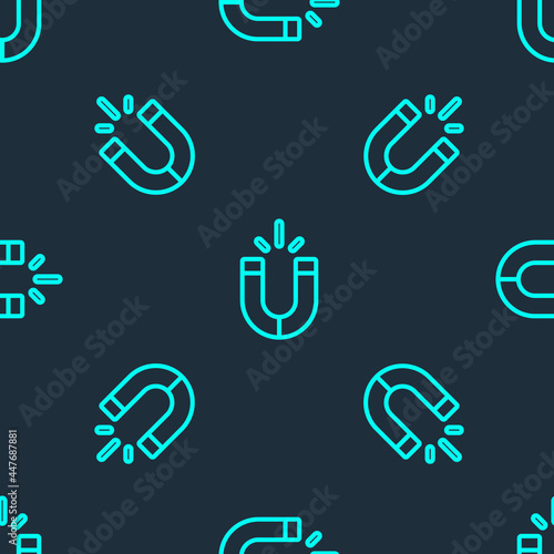 Green line Magnet icon isolated seamless pattern on blue background. Horseshoe magnet, magnetism, magnetize, attraction. Vector