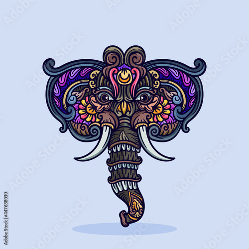 Elephant head ornament illustration with lines and colors, vector illustration