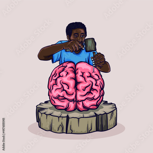 people carve brains in stone, illustration for t-shirts