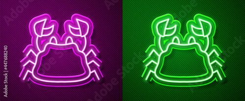 Glowing neon line Crab icon isolated on purple and green background. Vector