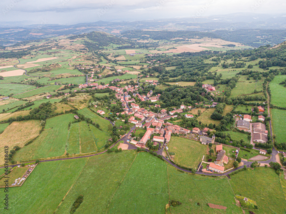 Aerial view on Olloix, small french village , Puy-de-Dome, Auvergne-rhone-alpes