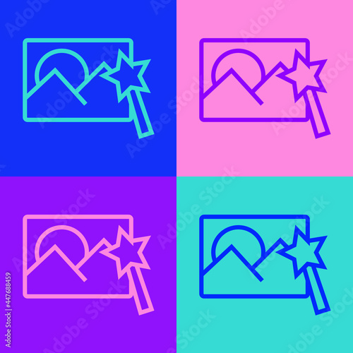 Pop art line Photo retouching icon isolated on color background. Photographer, photography, retouch icon. Vector