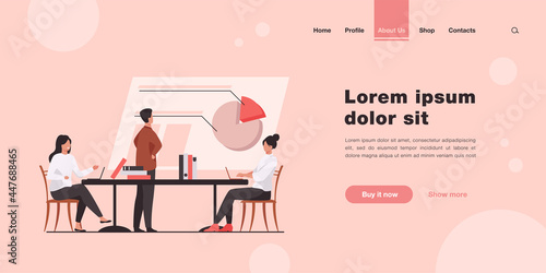 Analysts working together and discussing chart. Company, employee, table flat vector illustration. Teamwork and statistics concept for banner, website design or landing web page