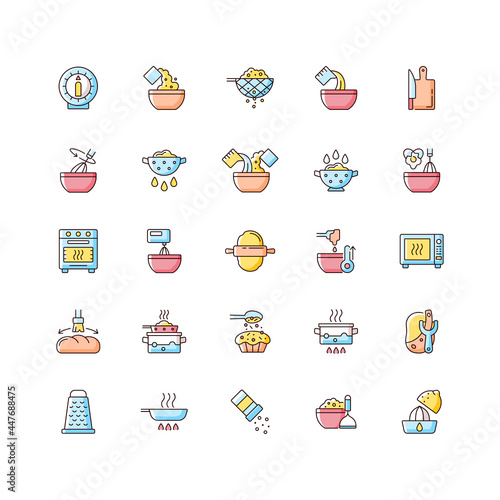 Cooking instruction RGB color icons set. Frying pan. Kitchen timer. Cook dinner and meal. Food preparation process steps. Isolated vector illustrations. Simple filled line drawings collection