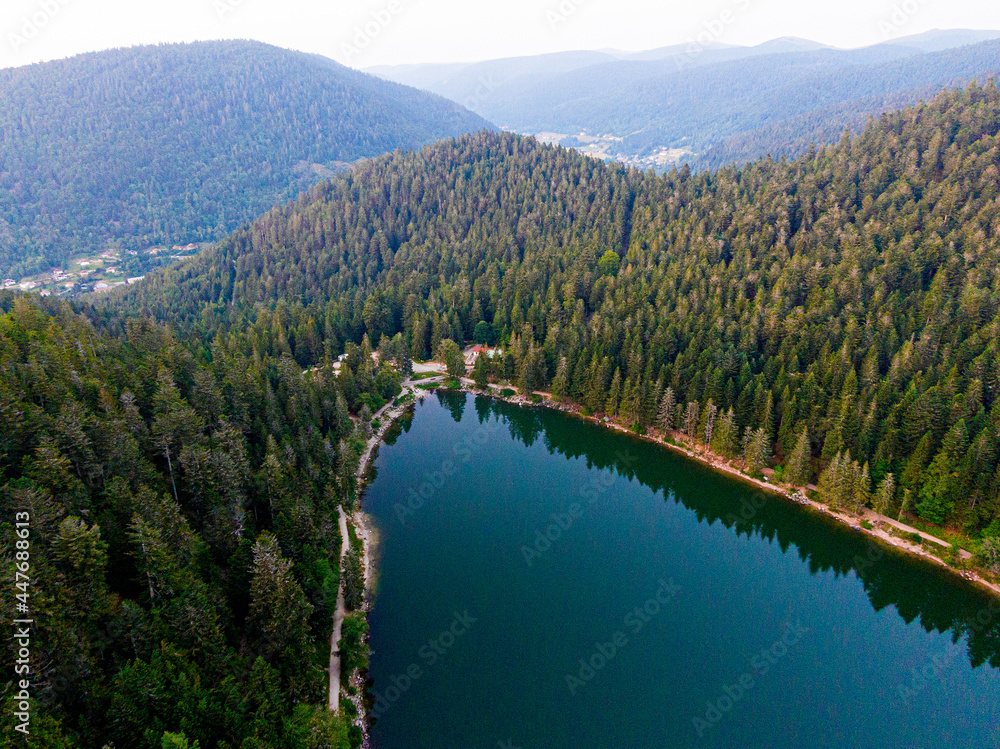 Aerial view of the Lac des corbeaux surrounded by forest, Voges, La Bresse, Lake Crows Aerial view of the Lac des corbeaux surrounded by forest, Voges, La Bresse, Lake Crows