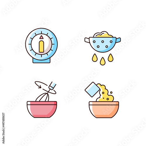 Food preparation RGB color icons set. Kitchen timer. Drain excess water or oil. Stir with whisk. Cooking instruction. Recipe step. Isolated vector illustrations. Simple filled line drawings collection