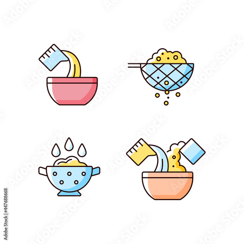 Food preparation instruction RGB color icons set. Pour liquid in bowl. Sift ingredient. Rinsing rice. Cooking process steps. Isolated vector illustrations. Simple filled line drawings collection