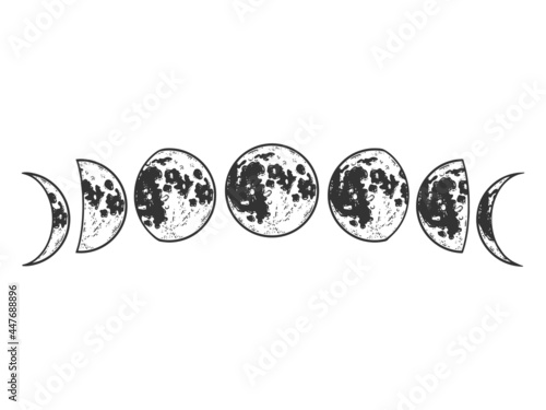 Moon phases. Sketch scratch board imitation coloring. Engraving