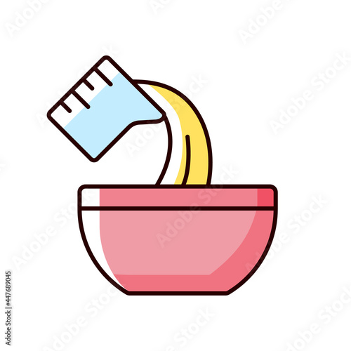 Pour cooking ingredient RGB color icon. Adding liquid to bowl. Baking process step. Add mixture. Cooking instruction. Food preparation. Isolated vector illustration. Simple filled line drawing