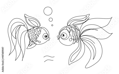 Couple of gold fishes in continuous line drawing. Sketchy fish pair . Outline simple artwork with editable stroke. Vector.