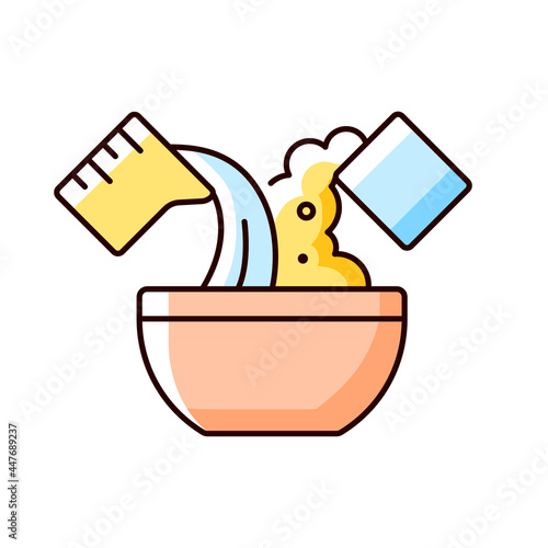Mixing cooking ingredient RGB color icon. Add water in bowl for dough making. Cooking instruction. Food preparation process. Isolated vector illustration. Simple filled line drawing