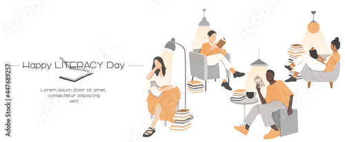 Happy Literacy Day card. Young boys and girls reading. Card with place for text. Flat vector illustration.