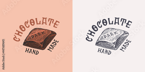 Chocolate bar. Vintage badge or logo for t-shirts, typography, shop or signboards. Hand Drawn engraved sketch. Vector illustration.