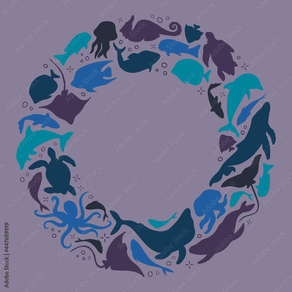 Abstract illustration of summer time concept. Flat vector illustration. Round wreath with marine objects. Underwater set of silhouettes. Marine life..