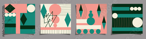 Geometric abstraction Mid-Century Modern style design set of covers. Vector illustration of simple shapes in retro vintage style