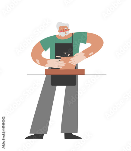 Vector isolated flat illustration with senior Caucasian man working at pottery wheel. Old student learns to make ceramic pot. Hands and apron of craftsman are stained with clay. Hobby of older master