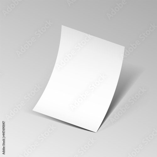 Bent empty paper sheet. A4 format paper with shadows on gray background. Magazine, booklet, postcard, flyer, business card or brochure mockup. Vector Illustration EPS10.