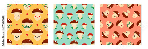 Set, collection of three vector seamless pattern backgrounds with mushroom characters and growing mushrooms for nature and food design.
