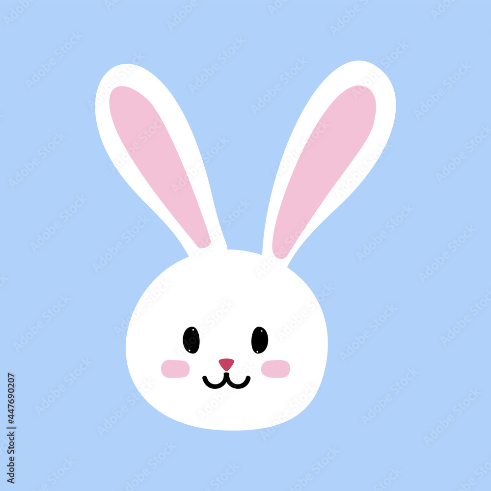 Easter bunny character isolated on blue background. Funny rabbit face in cartoon style. Vector illustration.