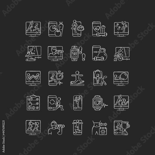 Online fitness apps possibilities chalk white icons set on dark background. Health and wellness body state. Virtual training activities. Isolated vector chalkboard illustrations on black