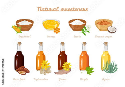 Organic sweeteners set. Erythritol, Honey, Stevia, Coconut sugar in  bowl, topinambur syrup in glass bottle, Yacon, Maple, Agave, dates. Vector illustration of healthy food in cartoon flat style. photo