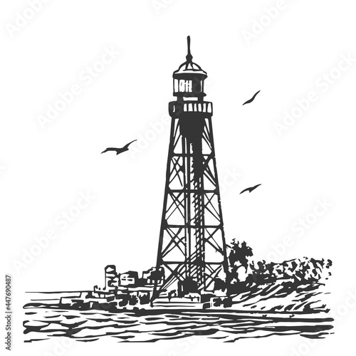 Seascape with a lighthouse sketch. Hand drawing Dzharylhach Island, Ukraine.