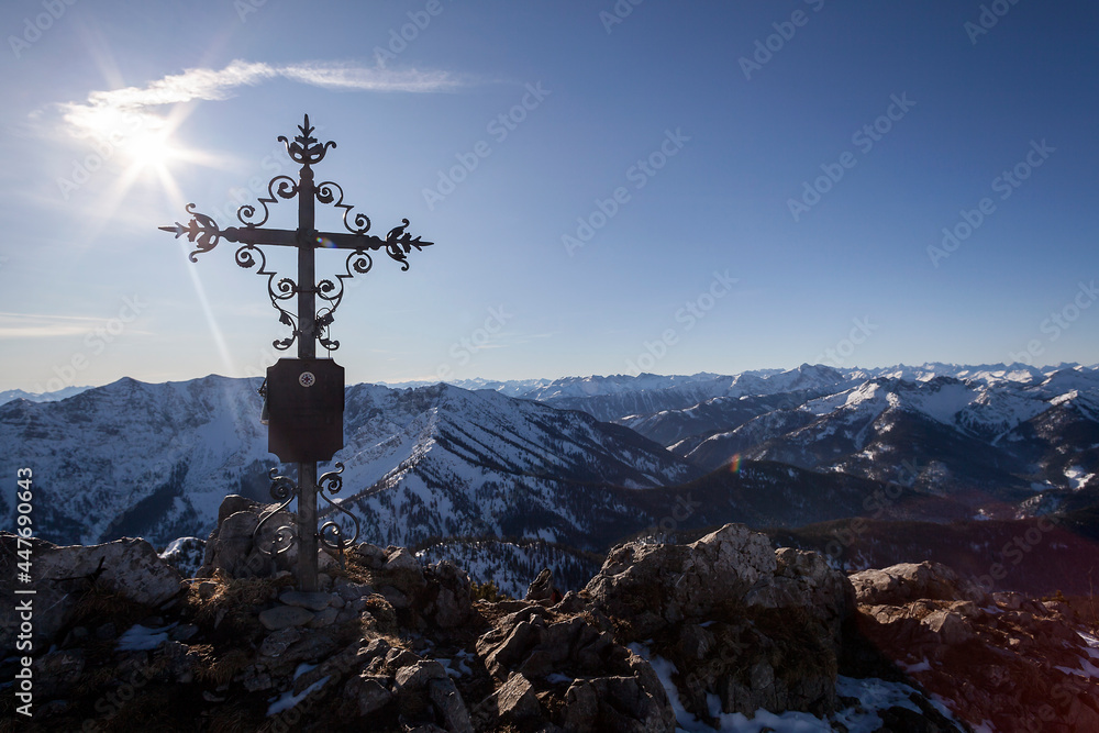 Summit cross of Auerspitze mountain in Bavaria, Germany