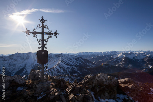 Summit cross of Auerspitze mountain in Bavaria, Germany