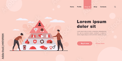 Tiny people near Maslow pyramid flat vector illustration. Cartoon triangle pyramid with graphic hierarchy levels. Sociology theory and wellness measurement concept