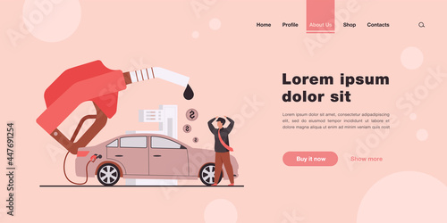 High price for car fuel concept. People wasting money for gasoline, changing car for scooter, saving cash. Flat vector illustration for economy, refueling, city transport concept