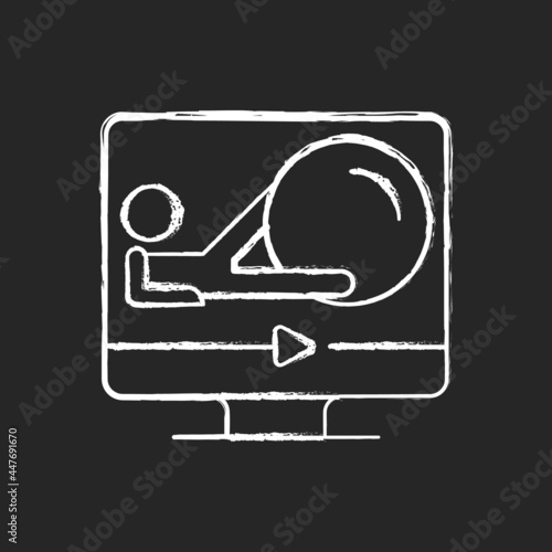 Fitness ball online workout chalk white icon on dark background. Major muscle groups strength and endurance improvement. Weight correction way. Isolated vector chalkboard illustration on black