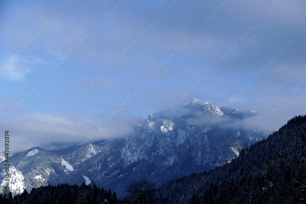Mountain panorama at lake Alpsee in wintertime, Bavaria, Germany
