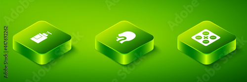 Set Isometric Sore throat, Pills in blister pack and Hand sanitizer bottle icon. Vector