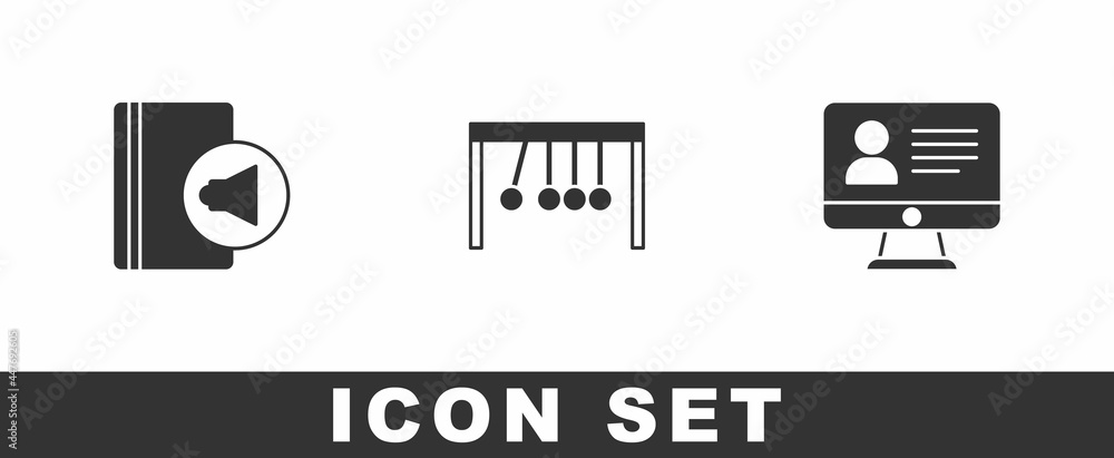 Set Audio book, Pendulum and Online class icon. Vector Set Audio book, Pendulum and Online class icon. Vector
