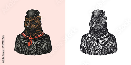Bear character in fur coat. Fashionable animal in Russian hat. Hand drawn Engraved old monochrome sketch. Vector illustration for t-shirt, tattoo or badge or print.