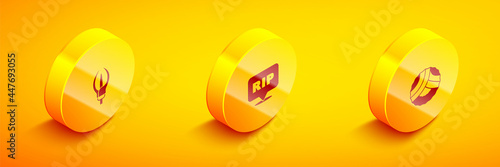 Set Isometric Lily flower, Speech bubble rip death and Memorial wreath icon. Vector