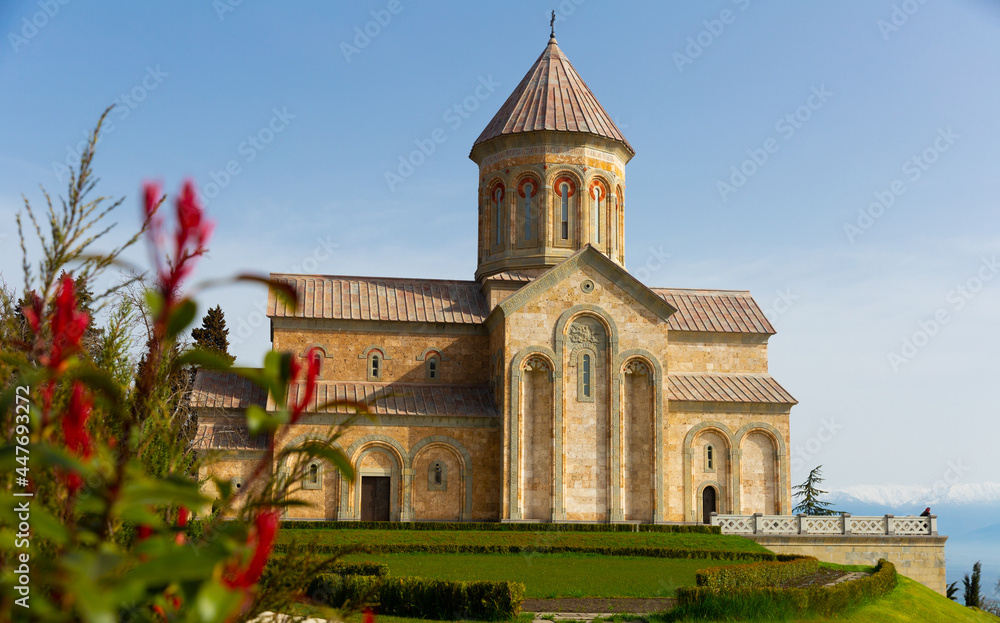 Scenic spring view of Church of St. Nino in Bodbe nunnery, popular pilgrimage site among Orthodox Christians, Kakheti, Georgia