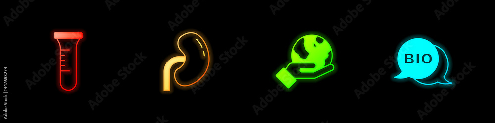 Set Test tube and flask, Human kidney, Hand holding Earth globe and Bio healthy food icon. Vector Set Test tube and flask, Human kidney, Hand holding Earth globe and Bio healthy food icon. Vector