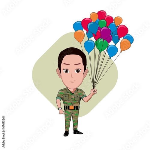 cartoon caricature of a soldier holding a colorful balloon